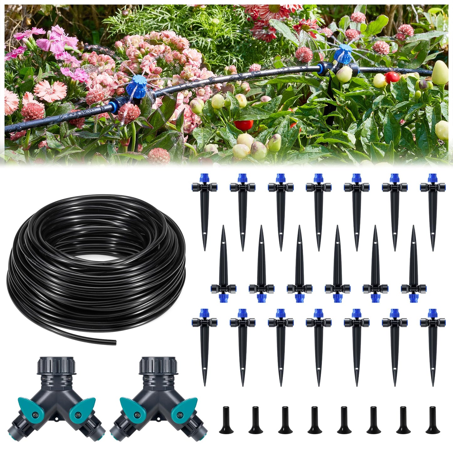 HIRALIY 80ft Push-to-Connect Drip Irrigation Kit, Adjustable Plant Watering System, for Garden Raised Bed Saving Water Automatic Irrigation Equipment with Drip Emitters, Tubing, Connectors
