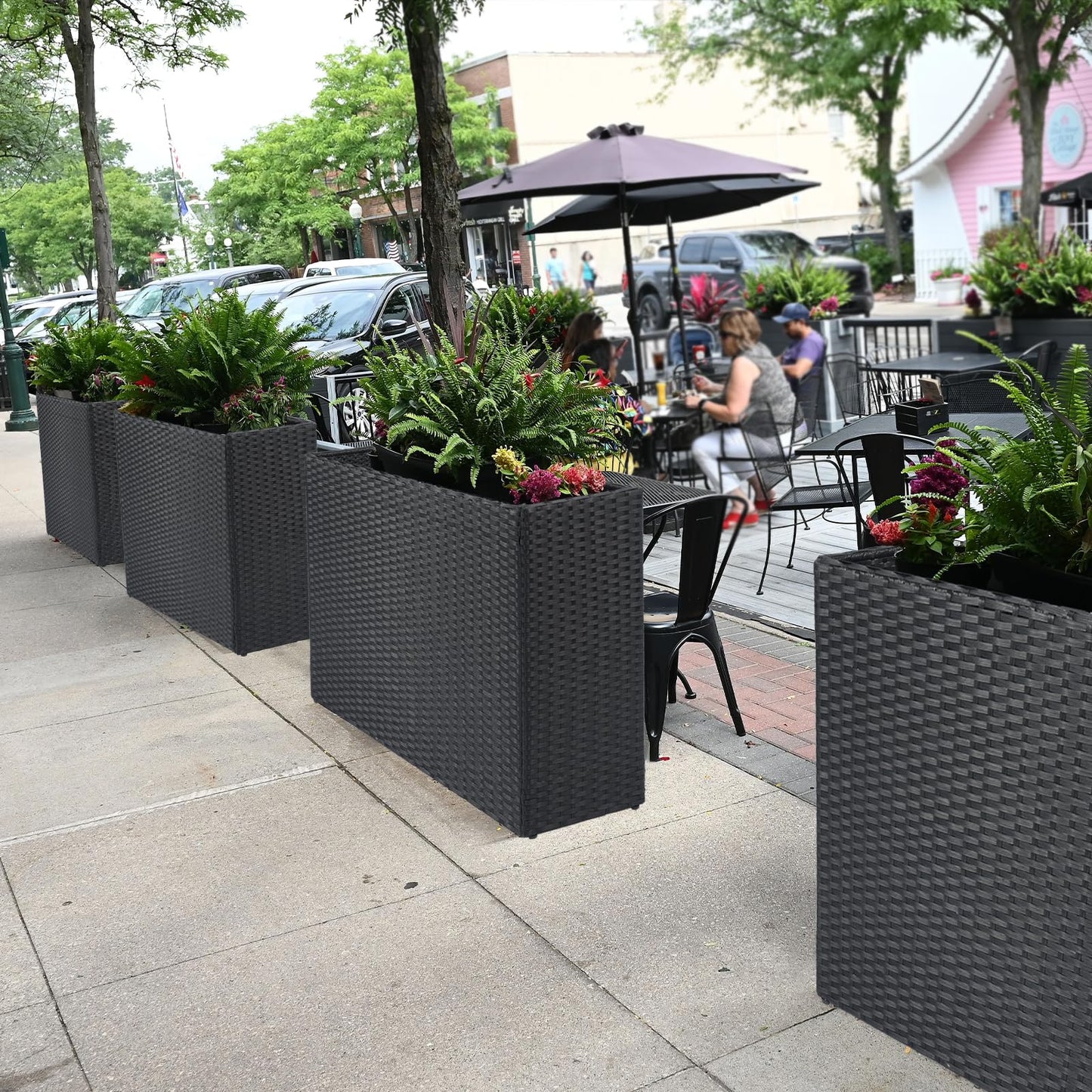 SUNNYPARK Black Rectangular Planter Box All-Weather PE Rattan Large Modern Planters with Removable Liner Indoor Outdoor Decorative Flower Pot for Patio, Balcony, Garden