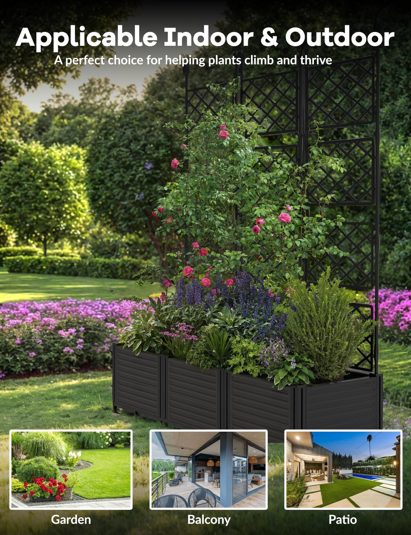 BouPower 3pcs Raised Garden Bed with Trellis, 63" h Tall Vertical Planter Box for Climbing Plants, Outdoor Garden Planter Box with Drainage Holes & Privacy Screen for Patio Balcony, Black