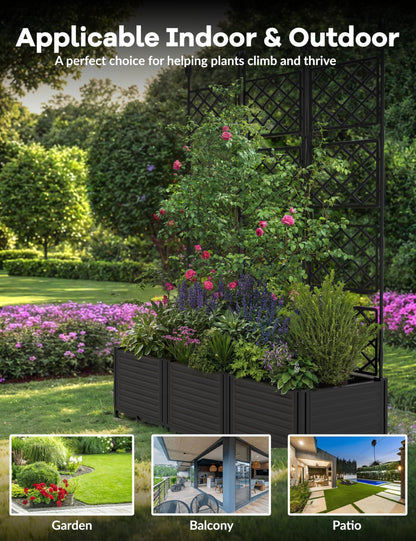 BouPower 3pcs Raised Garden Bed with Trellis, 63" h Tall Vertical Planter Box for Climbing Plants, Outdoor Garden Planter Box with Drainage Holes & Privacy Screen for Patio Balcony, Black