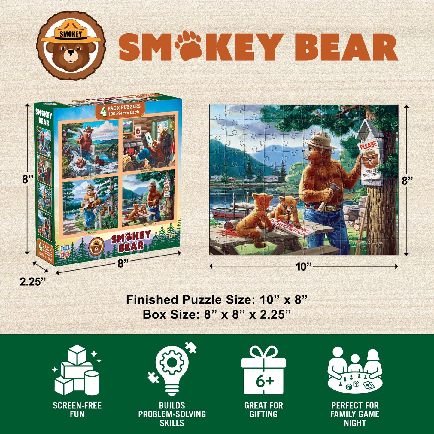 MasterPieces Puzzle Set - 4-Pack 100 Piece Jigsaw Puzzle for Kids - Smokey Bear 4-Pack - 8"x10"