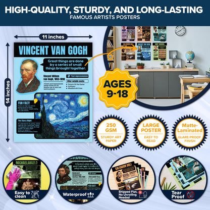 Decorably 15 Famous Art Posters, 11x14in Matte-Laminated Educational Art Posters for Classroom Famous Artists - Classrooms, School Hallways, Bulletin Boards, Education Centers, Home Study Room