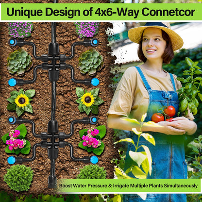 Bonviee 50FT 5/16” Drip Irrigation Mainline Tubing with 4-Way Push-to-Connect Couplers (4 Pack) – Compact DIY Garden Irrigation Distribution System for Misting, Raised Beds & Small Spaces