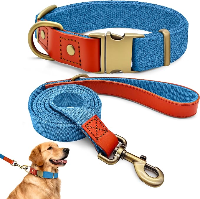 Dog Collar and Leash Set with Metal Quick Release Buckle, Adjustable, Breathable Nylon, Durable, Soft and Comfortable, No Pull for Walking and Training, Blue, XL (16.9"-26")
