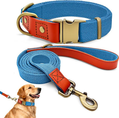 Dog Collar and Leash Set with Metal Quick Release Buckle, Adjustable, Breathable Nylon, Durable, Soft and Comfortable, No Pull for Walking and Training, Blue, XL (16.9"-26")