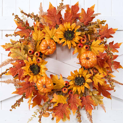 zjlmit Fall Wreaths for Front Door 24 Inch Fall Wreath with Pumpkins Sunflowers Maple Leaves and Orange Red Berries Autumn Wreath for Farmhouse Porch Thanksgiving and Harvest Festival Parties
