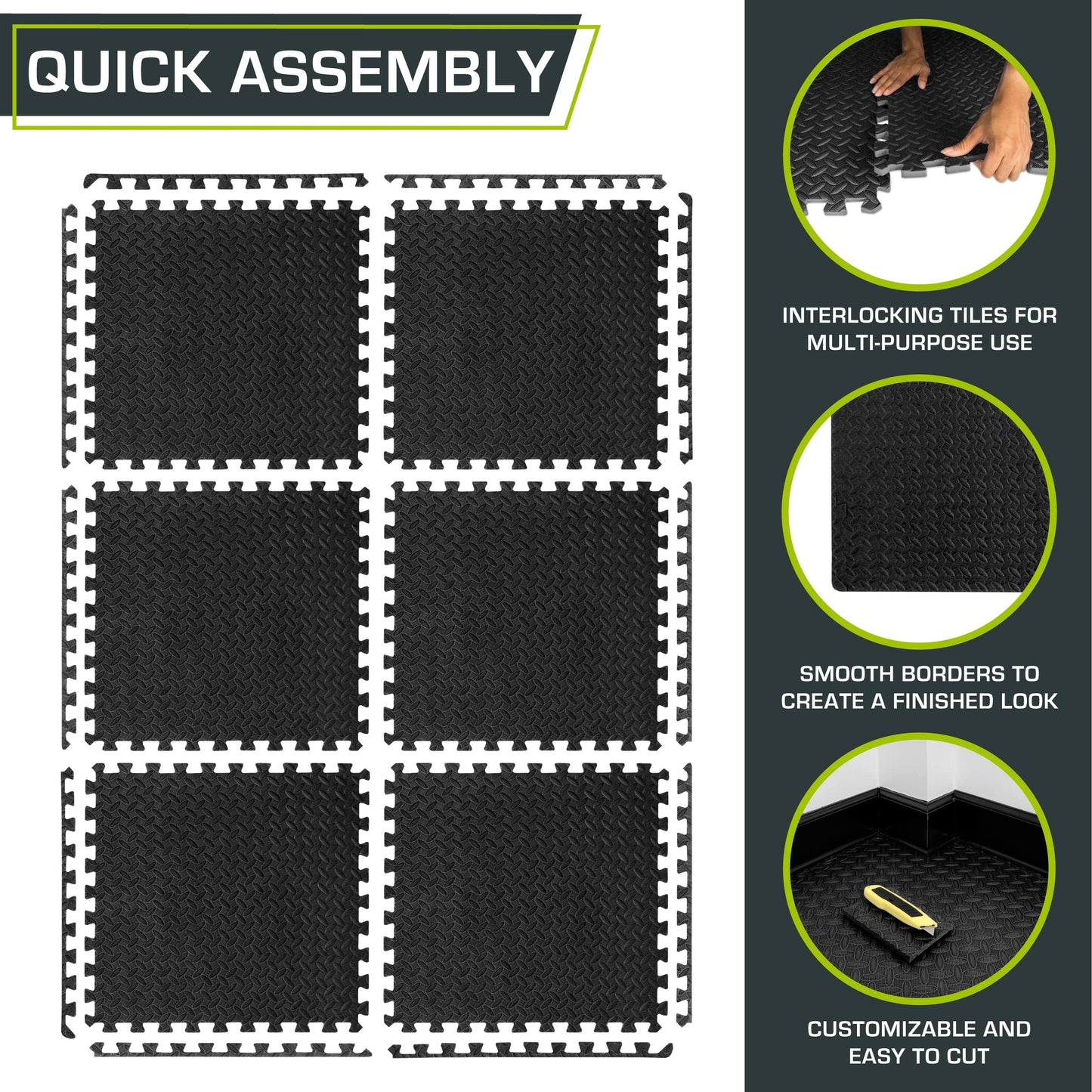 ProsourceFit Puzzle Exercise Mat ½ in, EVA Interlocking Foam Floor Tiles for Home Gym, Mat for Home Workout Equipment, Floor Padding for Kids, Black, 24 in x 24 in x ½ in, 24 Sq Ft - 6 Tiles