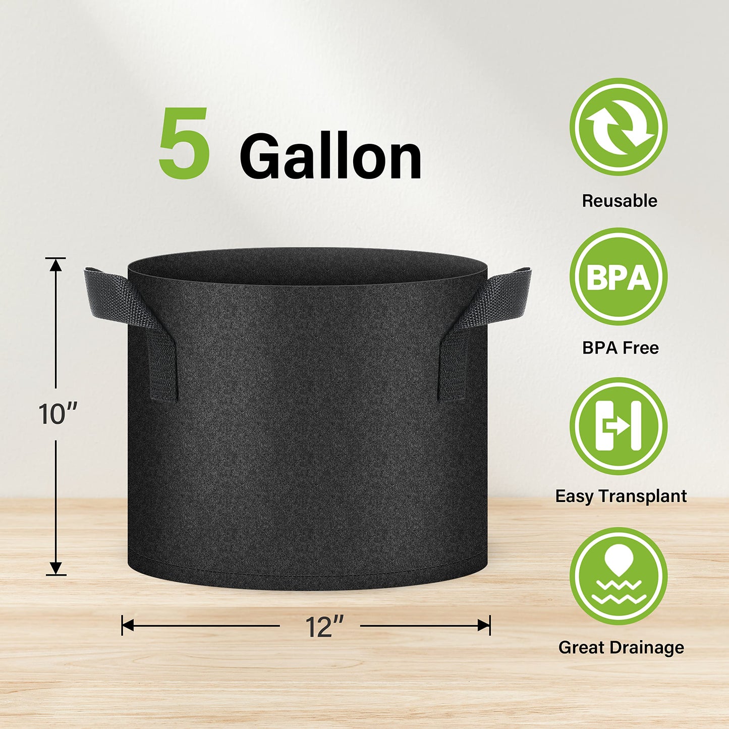 HealSmart Plant Grow Bags 5 Gallon, Tomoato Planter Pots 10-Pack with Handles, Aeration Nonwoven Fabric, Heavy Duty Gardening Planter for Vegetable, Herbs and Flowers, Black