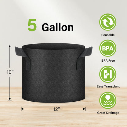 HealSmart Plant Grow Bags 5 Gallon, Tomoato Planter Pots 10-Pack with Handles, Aeration Nonwoven Fabric, Heavy Duty Gardening Planter for Vegetable, Herbs and Flowers, Black