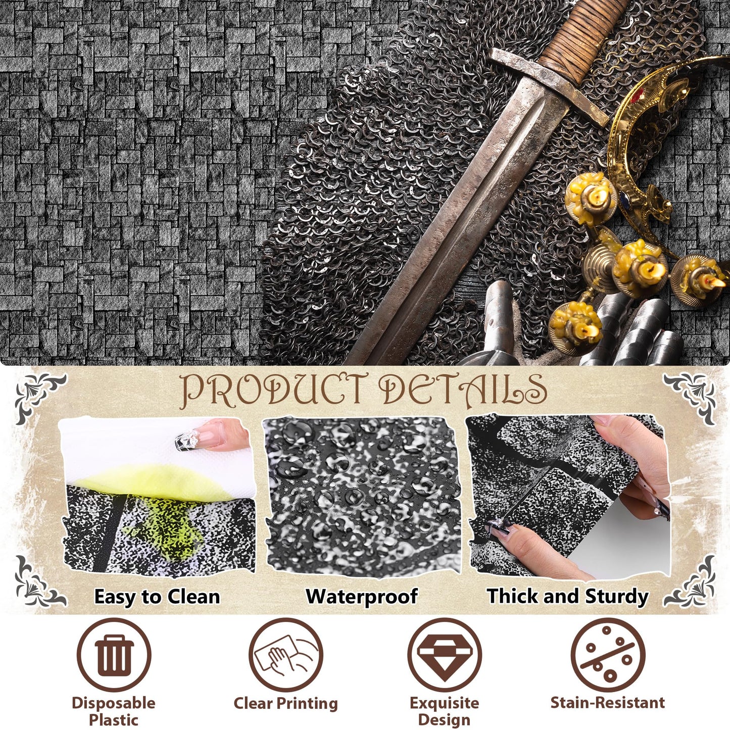 Kochorie 100 Ft x 54 Inch Stone Wall Tablecloth Roll with Cutter Box Disposable Plastic Stone Table Cover Medieval Stone Brick Table Cloth Dirt Floor Wall Backdrops for Farm Wedding Birthday Party