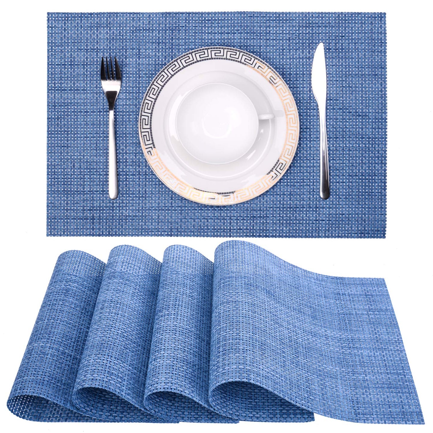 Zupro Placemats Set of 4 for Kitchen Dining Table Washable Braided Table Mats Heat-Resistant Placemats Non-Slip Woven PVC Vinyl Place Mats for Everyday use or Holidays Dinner BBQs 18"x12" (Hemp Blue)