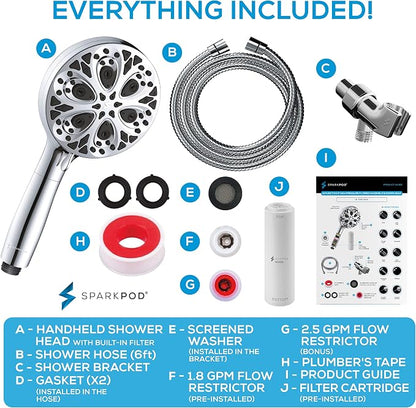 SparkPod Filtered 10-Mode Handheld Shower Head, 5" Polished Chrome Finish | Filters Chlorine & Heavy Metals, Power Jet Spray, ABS Body Won't Rust, 6 ft. Stainless Hose