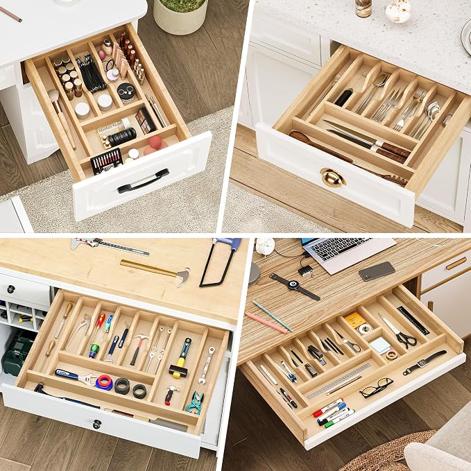 Clikuutory Natural Birch Wood Utensil Drawer Insert Organizer with 15 Compartments, Space-Saving Sturdy Drop-In Cutlery Divider Tray, Kitchen Cabinet Storage for Silverware, Spoons, Forks and Knives