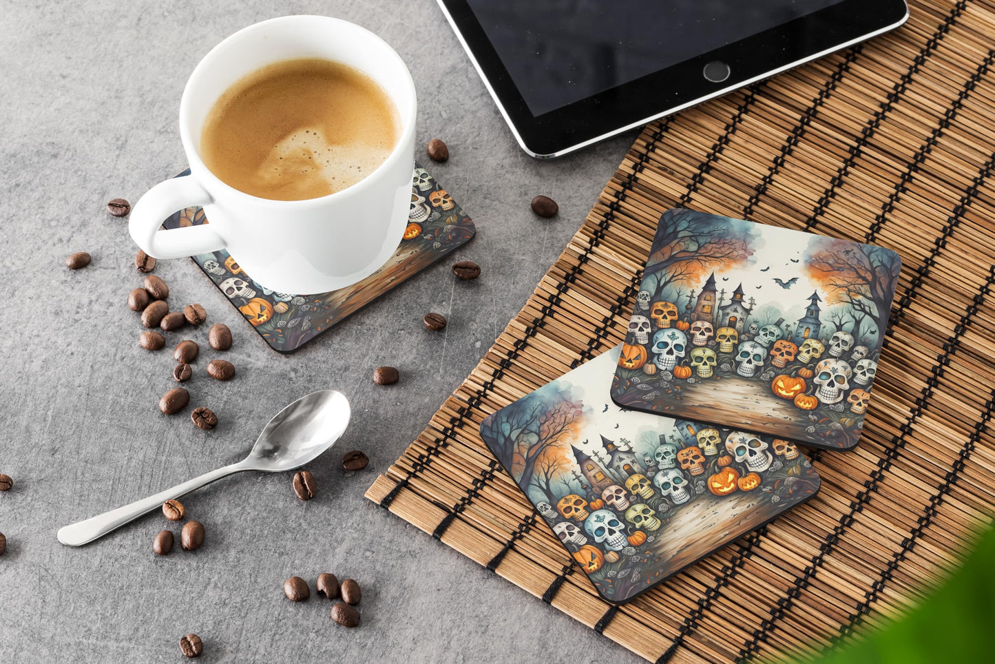 Caroline's Treasures Calaveras Sugar Skulls Spooky Halloween Foam Coaster Set of 4 Cup Coasters for Indoor and Outdoor, Coaster for Tabletop Protection, Anti Slip, Mouse pad Material