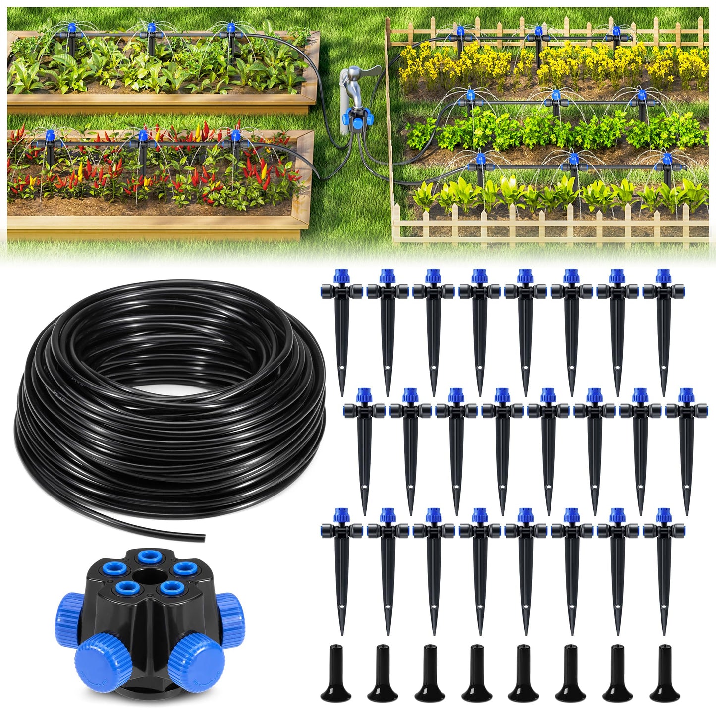 HIRALIY 100FT Garden Watering System, Automatic Drip Irrigation Kit with Adjustable Flow Nozzles, 5-Way Connector, Plastic Material, Modern Style, Ideal for Lawn, Patio, Garden, Raised Bed