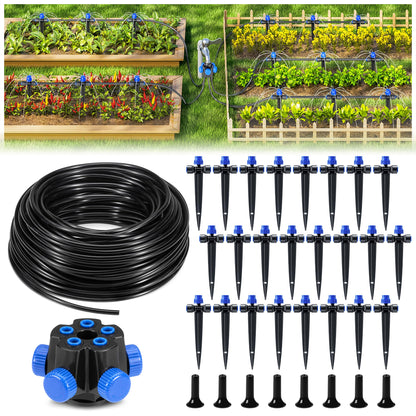 HIRALIY 100FT Garden Watering System, Automatic Drip Irrigation Kit with Adjustable Flow Nozzles, 5-Way Connector, Plastic Material, Modern Style, Ideal for Lawn, Patio, Garden, Raised Bed
