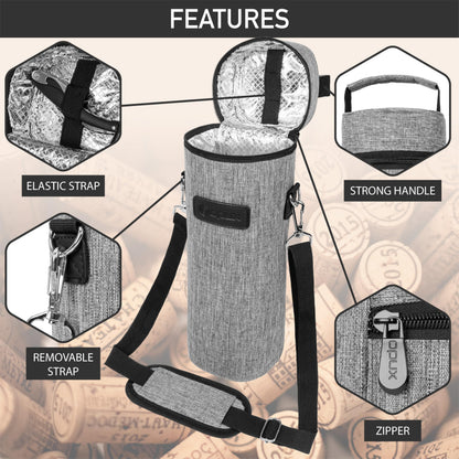 opux Wine Bag Single Bottle Carrier Tote, Insulated Wine Cooler Bag for Travel Picnic Beach with Shoulder Strap, Thermal One Bottle Holder Carrying Case Wine Gift for Women Men, Heather Light Gray