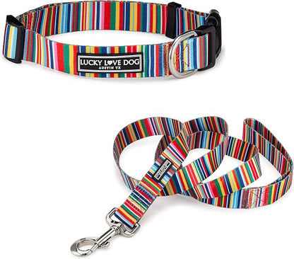 Lucky Love Dog - Easy Click Buckle Dog Collar with Leash Set Combo, Durable & Comfortable for Male & Female Dogs, Pet Collar for Large Dogs, Secure Fit - Hippie Combo, Large