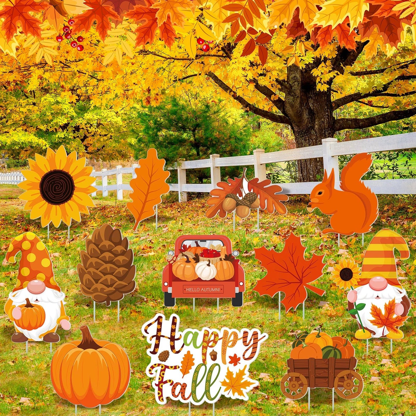 Threehoney 12 Pcs Fall Yard Signs with Stakes Outdoor Thanksgiving Yard Sign Autumn Harvest Pumpkin Lawn Decorations Gnome Maple Leaf Waterproof Decor for Home Garden Party Supplies(Fall)