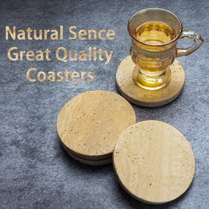 Vitrignis Natural Travertine Coasters Set of 4-4" Round Stone Drink Coasters for Housewarming Gifts, Anniversaries, Office Decorations