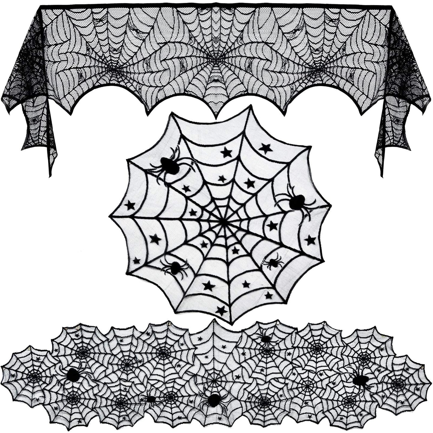 Tayfremn 3pack Halloween Decorations Set Halloween Tablecloth Black Lace Round Spider Cobweb Table Cover Fireplace Mantel Scarf Spiderweb Fireplace Scarf for Party
