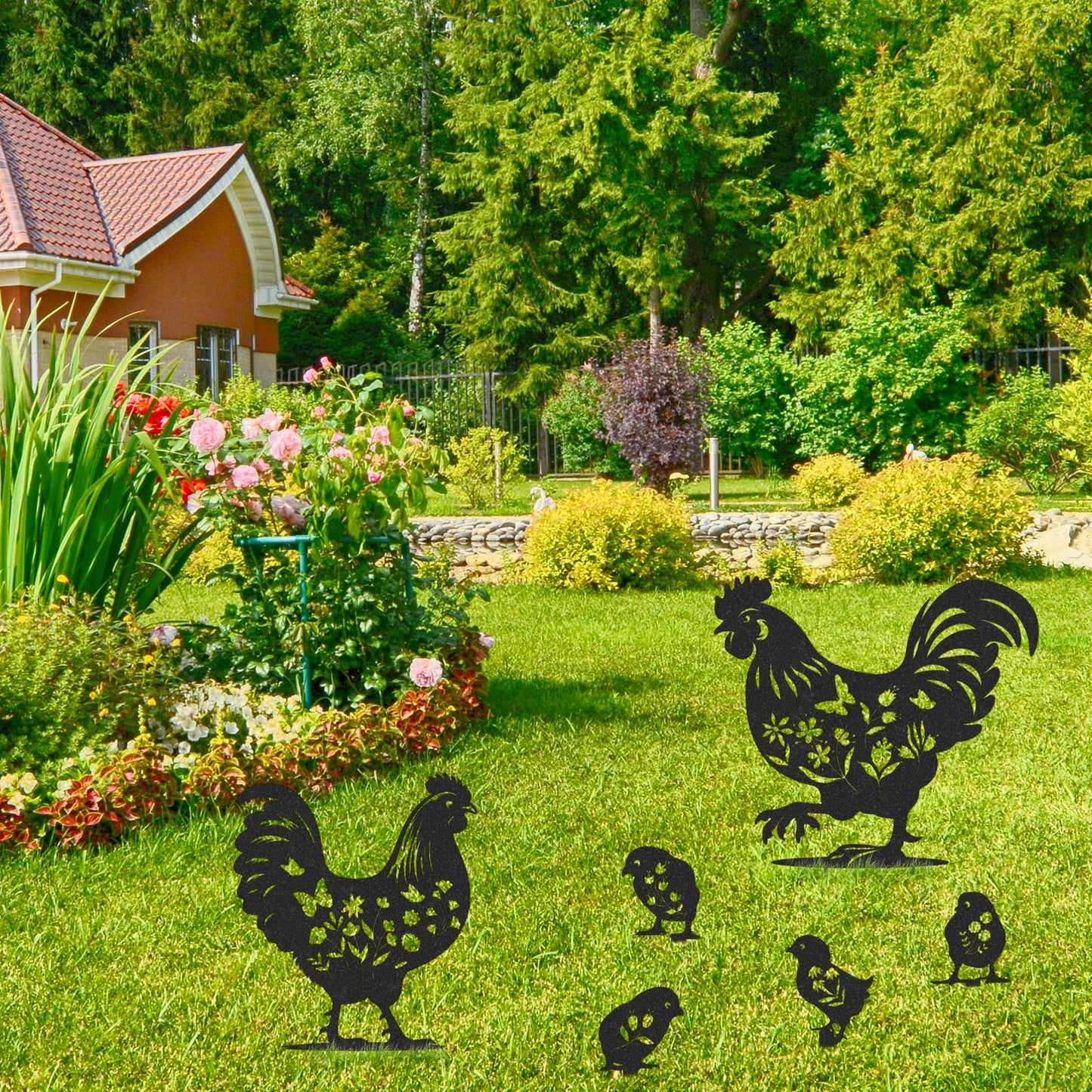 Rngmsi Chicken Metal Garden Art - 6PCS Chicken Metal Yard Art Rooster Garden Decor Outdoor Cute Hen Metal Statue Decorations Outside for Patio Decorative Lawn Stakes Statues Gifts for Friends