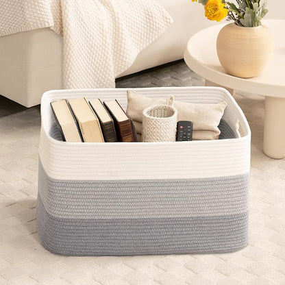 60L Laundry Basket with Leather Handles for Living Room Storage, Woven Rope Baskets Bin for Blanket, Kids Toy, Gifts, Wicker Hamper for Bedroom Dirty Clothes, Gradient Grey