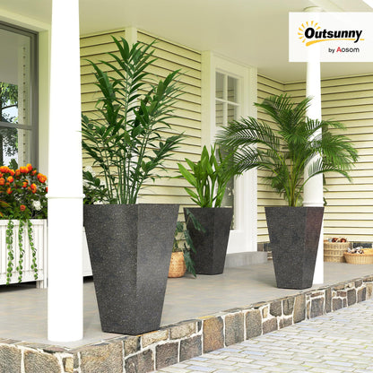 Outsunny 28 Inch Tall Planters for Outdoor Plants, Set of 3 Plastic Flower Pots with Marble Finish and Drainage Holes, Stackable Tapered Large Planters for Indoor Plants, Front Porch Decor, Black