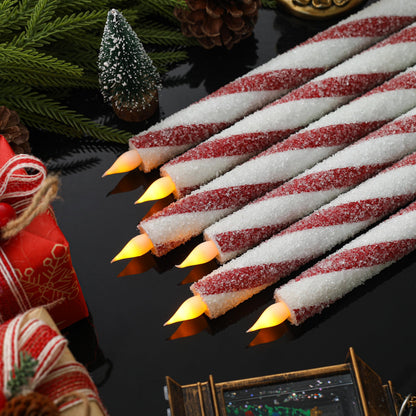 Christmas Flickering Flameless Taper Candles - 6PCS Glitter Candy Cane Red and White Stripes Sea Salt Real Wax Battery Operated Candles For Christmas Party Wedding Winter Home Decoration Xmas Decor
