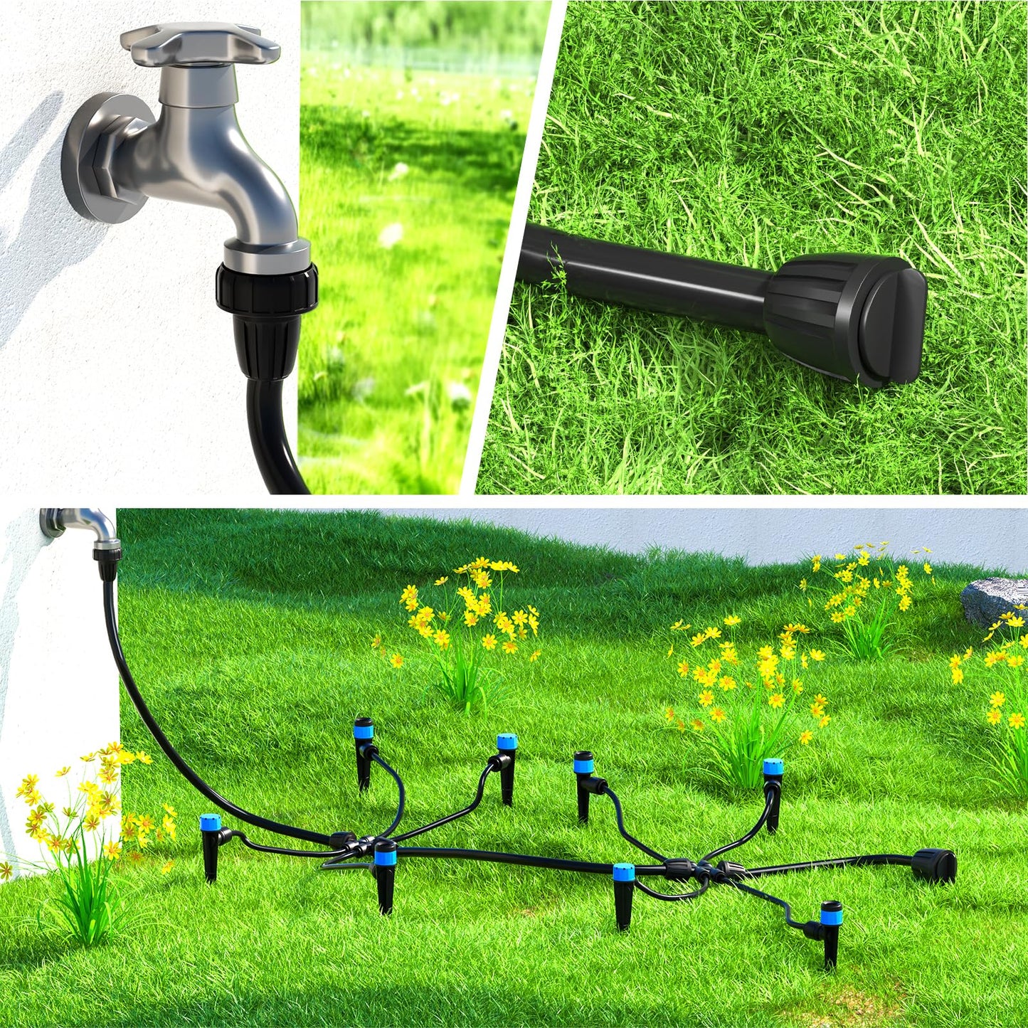 Bonviee Drip Irrigation Parts for 5/16" Main Line - (6-Pack) - 3 x PVC Female Hose Thread Non-Swivel Adapter and 3 x Barbed Threaded End Plugs - Drip Irrigation Fittings