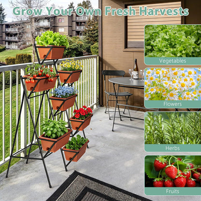Sunexinlo 5-Tier Vertical Garden Planter with 7 Plant Boxes & Drainage Trays, Metal Freestanding Raised Bed for Herbs Flowers Vegetables, Indoor Outdoor for Patio Balcony Deck, Brick Red