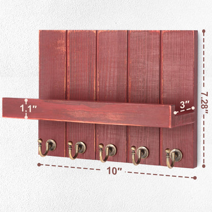 Rebee Vision Pine Wood Key Holder Wall Mount – Rustic Key Holder for Wall with Shelf for Mail & Apartment Essentials – Perfect for Farmhouse Decor (Red,3.54" D x 10" W x 7.28" H)