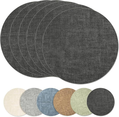 Maxpearl Round Placemats Set of 6, 13.8 inch Faux Leather Heat Resistant Table Mats, Non Slip Waterproof Wipeable Place Mats for Kitchen Dining Holiday Party Table Settings, Black