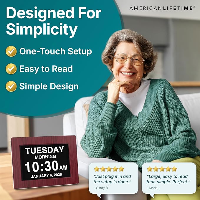 American Lifetime New 2026 Dementia Clock Large Digital Clock for Seniors, Alzeimer Clock Large Display with Custom Alarms, Clock with Day & Date for Elderly, Digital Calendar Premium Mahogany 12"