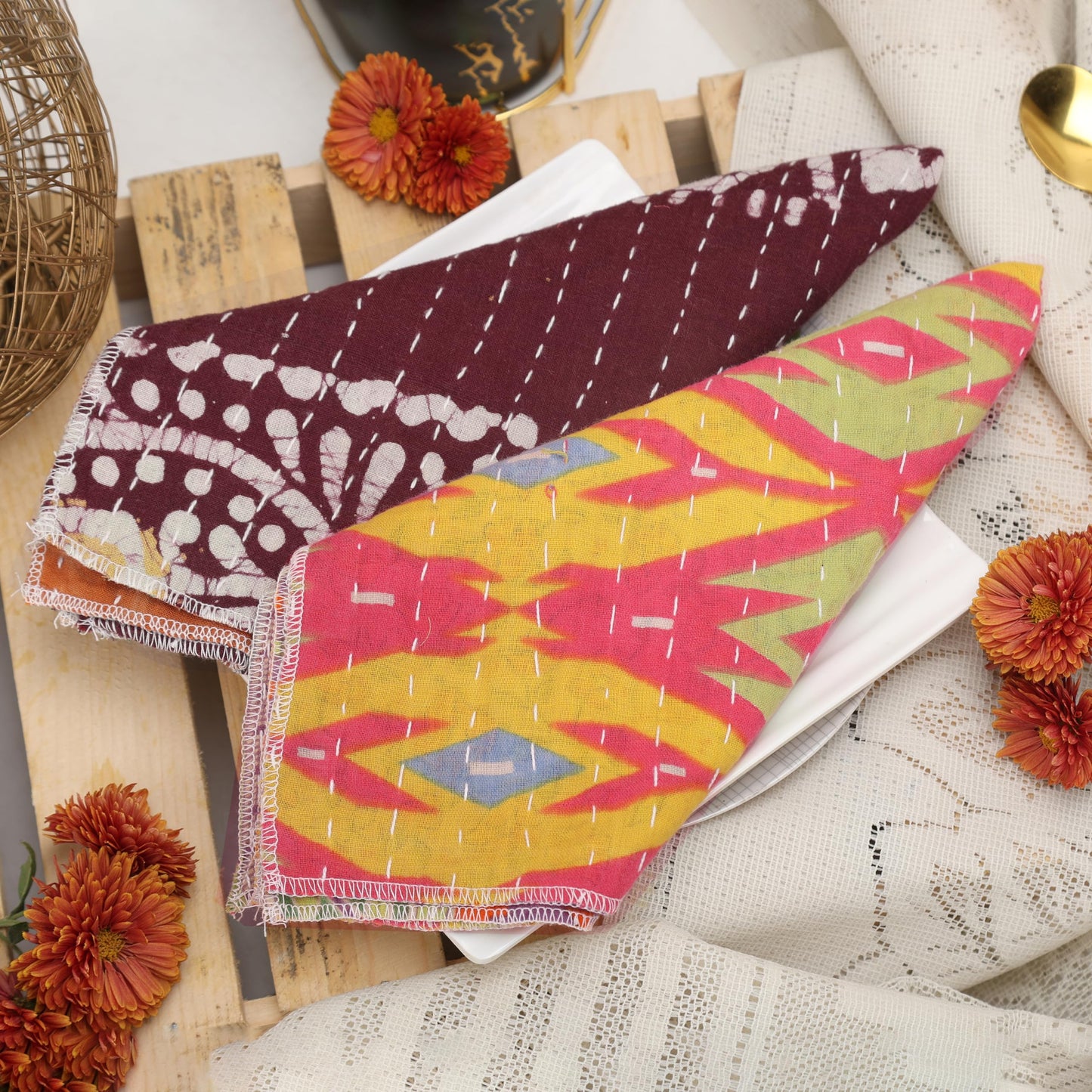 Marubhumi Cotton Cloth Napkins Multicolor, Washable, Reusable, Soft & Absorbent for Dining & Everyday Use - 16 x 16 Inches - Pack of 10