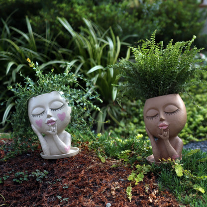 Dolkgy Face Flower Pots Head Planter, Cute Resin Planters for Indoor Outdoor Plants, Macetas para Plantas Funny Head Plant Pot