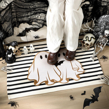 Duraaamo 2 Pcs Halloween Coir Doormat Outdoor Ghost Welcome Mat Layered Buffalo Plaid Black and White Rug Natural Coir Door Checkered Mat for Halloween Front Porch Entryway Decor