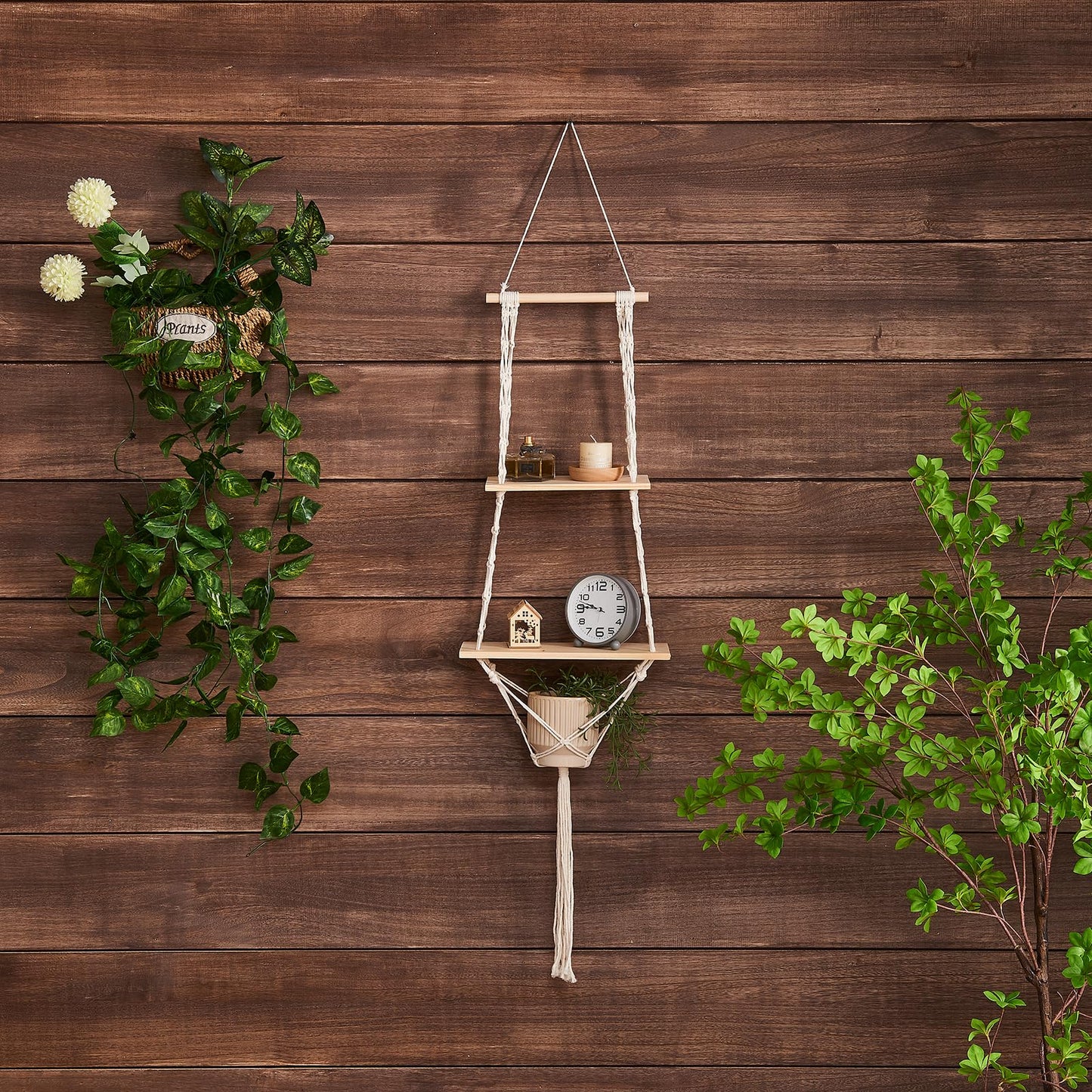 YYHTYZ 2 Tier Wooden Hanging Shelf, Boho Hand-Woven Cotton Wall Hanging Rack, Solid Wood Board, Featuring a Storage Net at the Bottom, Designed for Wall Mounting, Hanging Storage Shelves