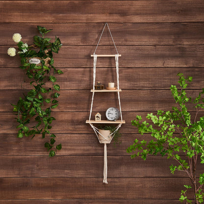 YYHTYZ 2 Tier Wooden Hanging Shelf, Boho Hand-Woven Cotton Wall Hanging Rack, Solid Wood Board, Featuring a Storage Net at the Bottom, Designed for Wall Mounting, Hanging Storage Shelves