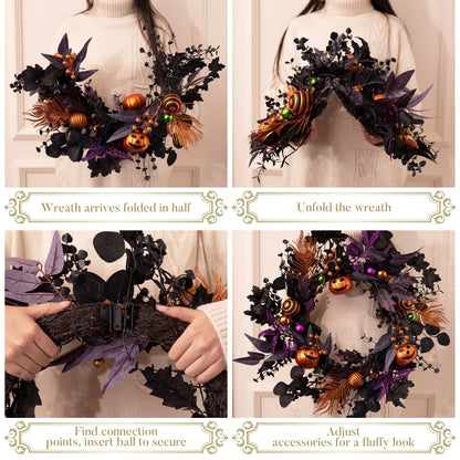 Valery Madelyn Collapsible Halloween Wreath for Front Door with Lights, 24 Inch Pre-Lit Jack-o'-Lantern Pumpkin Wreath Halloween Decorations for Centerpiece Window Indoor Party Holiday Wall Home Decor