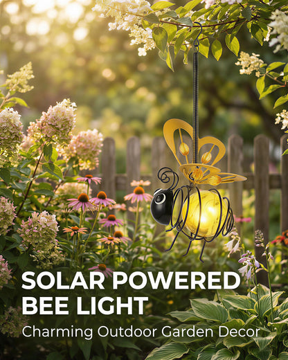Solar Hanging Bee Light - Outdoor Metal Garden Decor with LED Glow, Yellow Body - Waterproof Solar Powered Insect Ornament for Yard, Tree, Porch, Patio - Gift for Women, Mom, Bee Lovers (1 Pack)