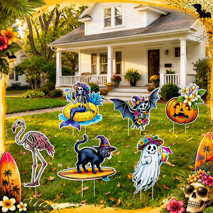Mifoci 8 Pcs Summer Halloween Decorations Large Summer Halloween Yard Signs Waterproof Tropical Spooky Garden Stakes for Outdoor Lawn Beach Themed Party Holiday Display