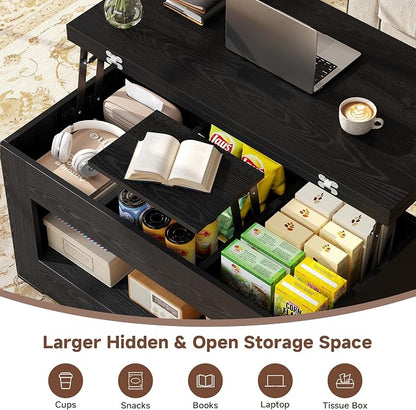 UNIQUITE 40" Lift Top Coffee Table, 4 in 1 Multi-Function Lift Coffee Tables with Storage and Hidden Compartment, Convertible Coffee Table to Dining Table for Living Room, Black
