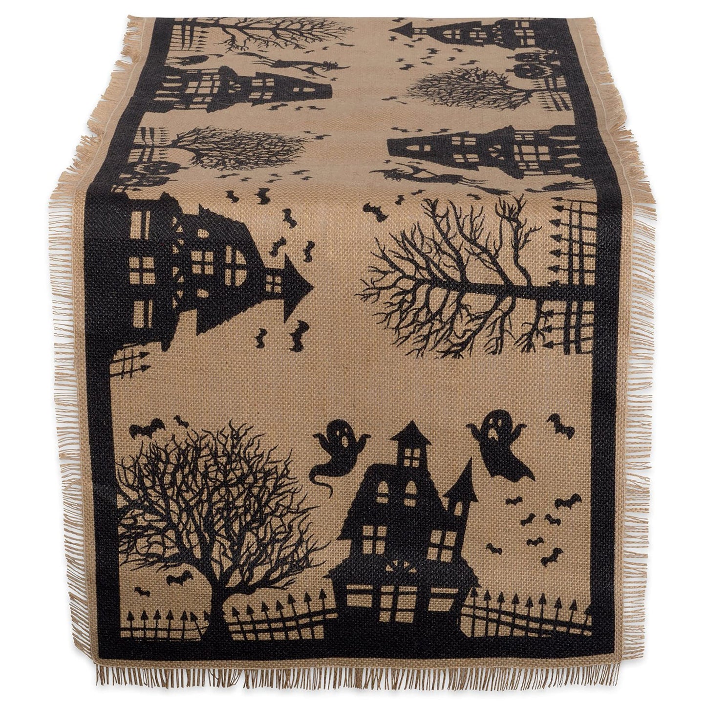 DII Halloween Primitive Style Burlap Tabletop Décor, Spooky Haunted House Jute, Table Runner, 14x113, Black & Tan