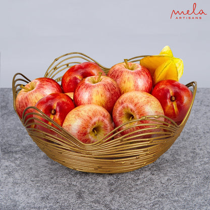 Mela Artisans 12 in Wide x 6 in Tall Gurez Valley Gold Metal Fruit Basket – Decorative Gold Wire Fruit Bowl for Kitchen Counter, Snacks, Flowers and Home Decor