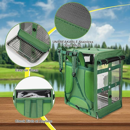 Bird Carrier Travel Cage, Cockatoo Carrier, Parrot Travel Backpack with Unbreakable Stainless Steel Mesh, Perch, Water Bottle and Food Bowl, X-Large Green