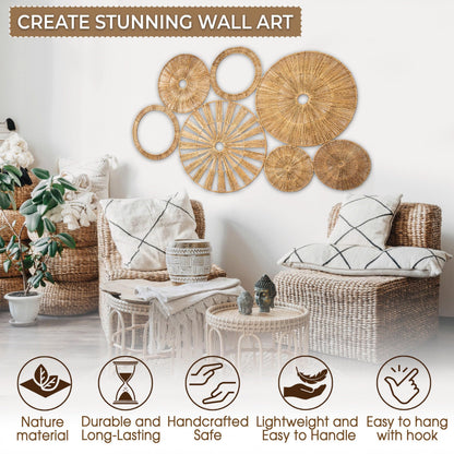 Xavia Handicrafts Set of 7 Boho Wicker Rattan Plate Basket For Décor Hanging Wall | Large Woven Farmhouse Rustic Bohemian Art Baket Hangings For Decorative Home, Bedroom, Living Room, Kitchen, Bathroom
