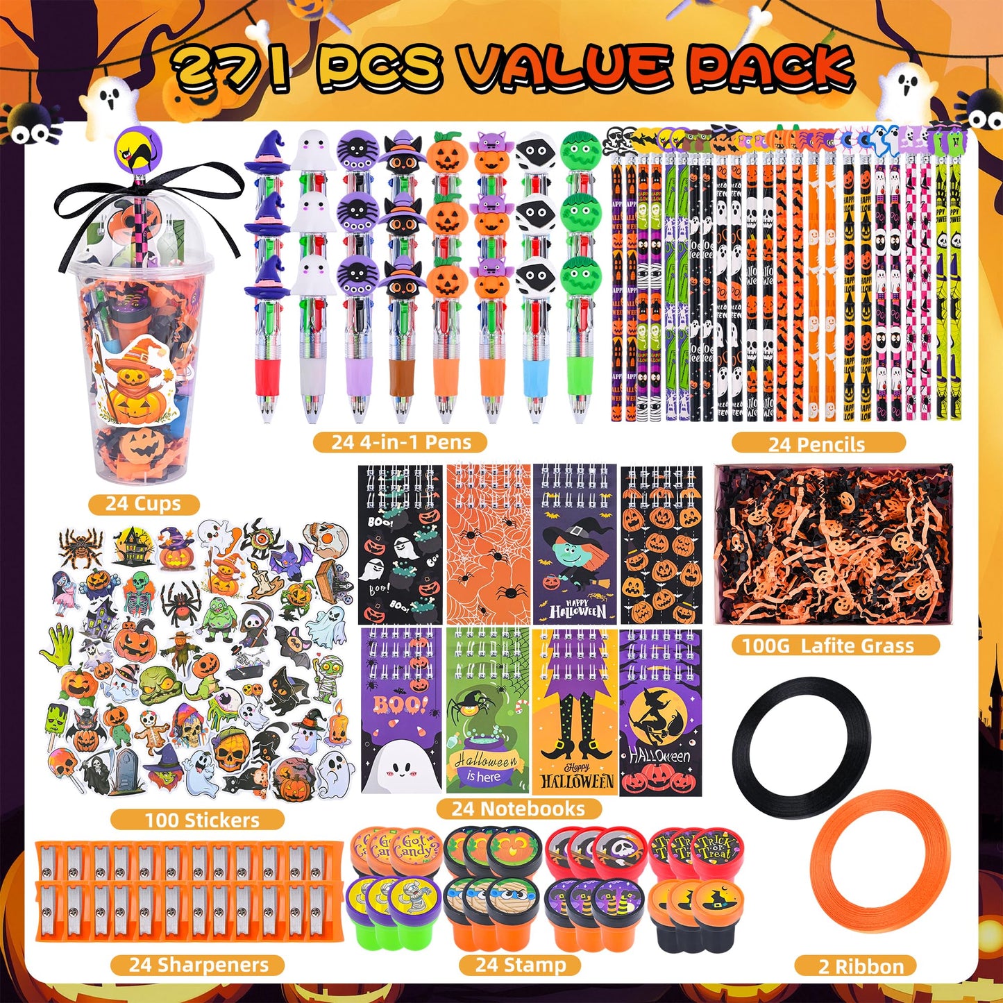 LiYiQ 247 Pcs Halloween Party Favors Return Gifts for Party, Student Stationery Gifts from Teacher, Pencil Erasers Notebooks Stickers for Classroom Birthday Goodie Bags Rewards Prizes