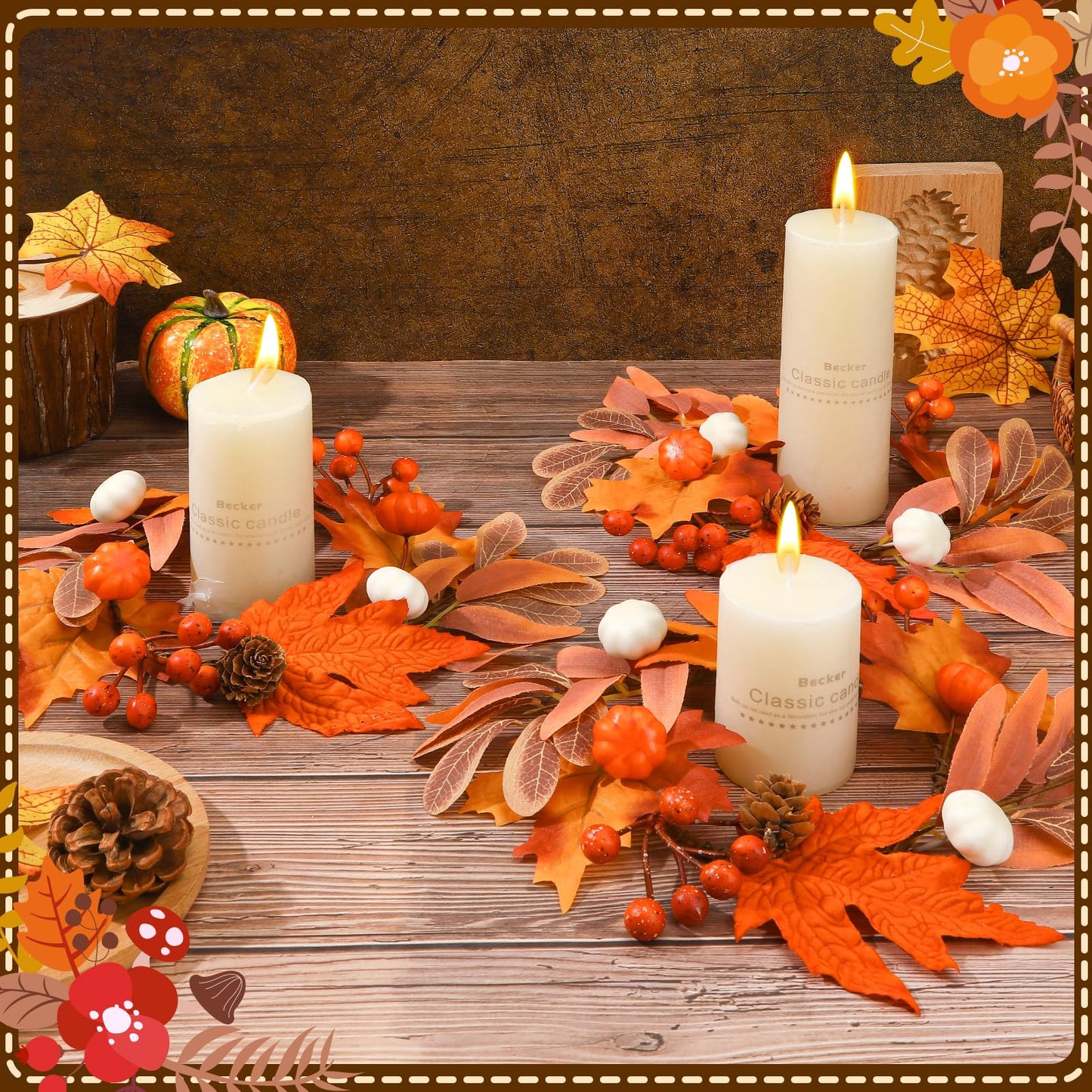 Jansun 4 Pcs Fall Candle Rings, Artificial Maple Leaves Pumpkins Decorative Wreaths for Fall Home Decor Thanksgiving Halloween Centerpieces and Farmhouse Table Settings
