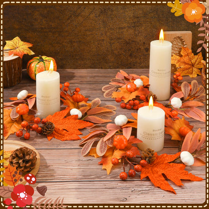 Jansun 4 Pcs Fall Candle Rings, Artificial Maple Leaves Pumpkins Decorative Wreaths for Fall Home Decor Thanksgiving Halloween Centerpieces and Farmhouse Table Settings